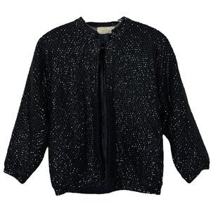 Vtg Best & Co Lambswool Angora Beaded Sequin Knit Cardigan Jacket Black Size 40